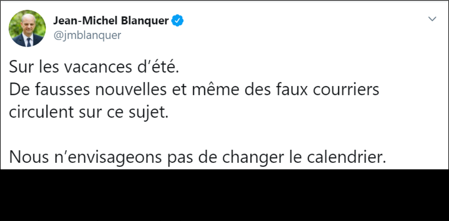 Non, le ministre de l'Education n’a pas annoncé le report des vacances d'été dans une lettre.